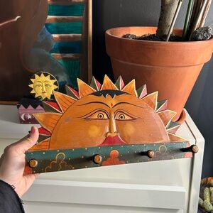 Vintage Celestial 14" X 7.5" Sunburst Wall Decor Hooks - Handpainted Handcarved